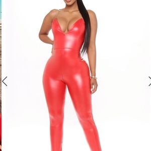 Fashion nova red leather jumpsuit